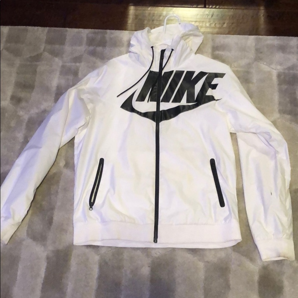 Nike white zip up hoodie with black lettering